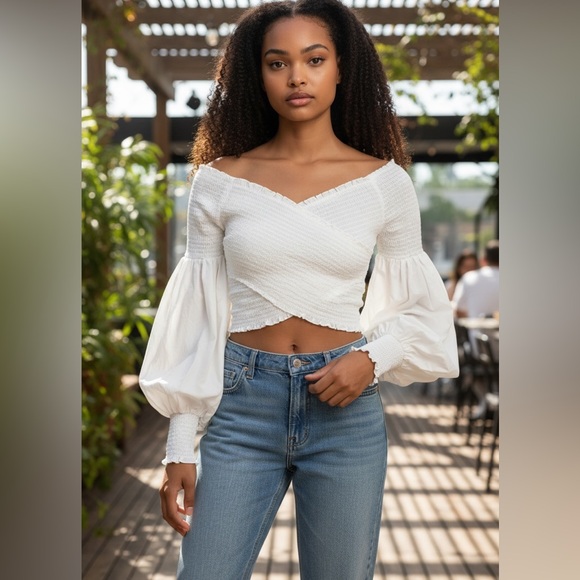 Choosy Tops - Choosy Elegant White Smocked Blouse with Puff Sleeves